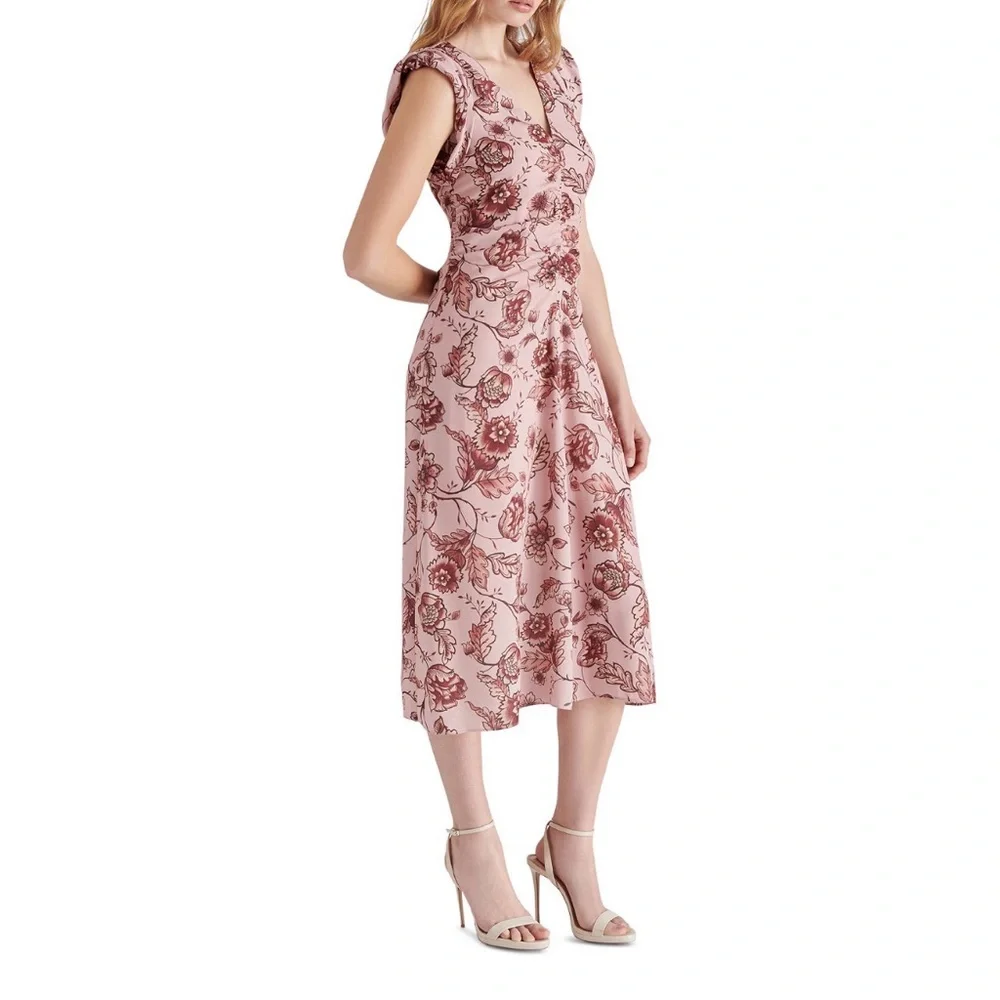 NWT Steve Madden Floral Midi Dress Pink Ruched Front V-Neck CapSleeve Size M $99